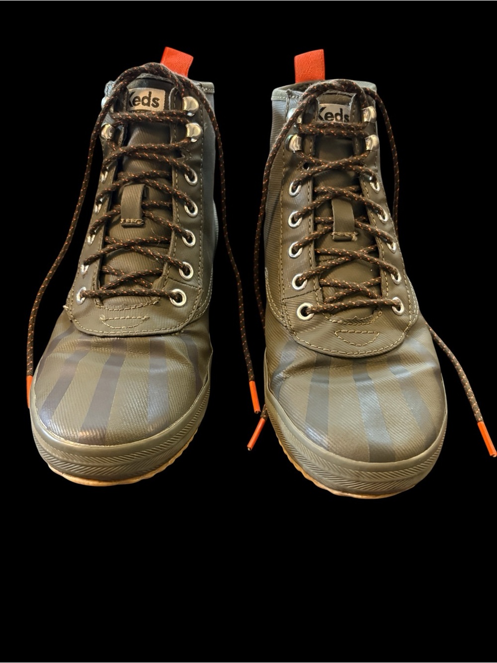 Keds Olive Green Ankle Lightweight Rain Boots with Orange Accents